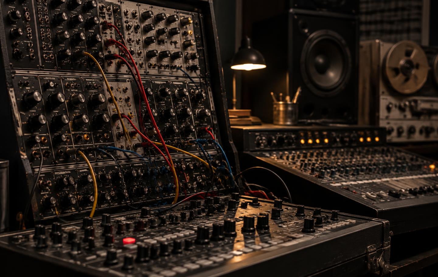 Analog synthesizers and a mixing console in a professional recording studio